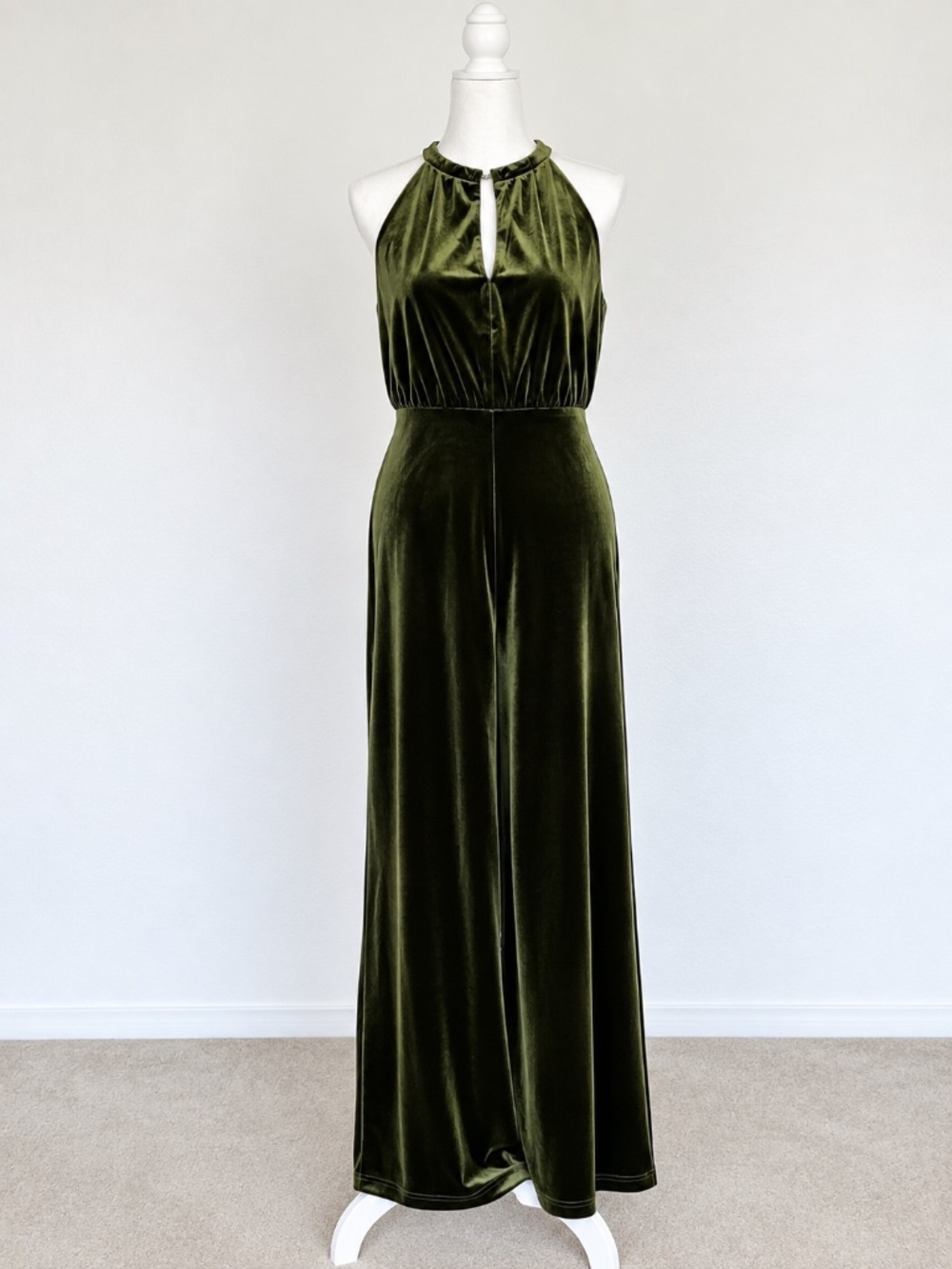 S.DEER Olive Green Velvet Halter Wide Leg Jumpsuit Size S
